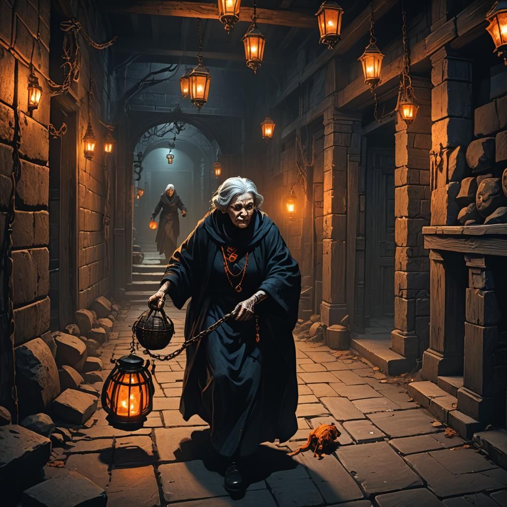Sinister Grandma Dragging Student in Gothic School Basement