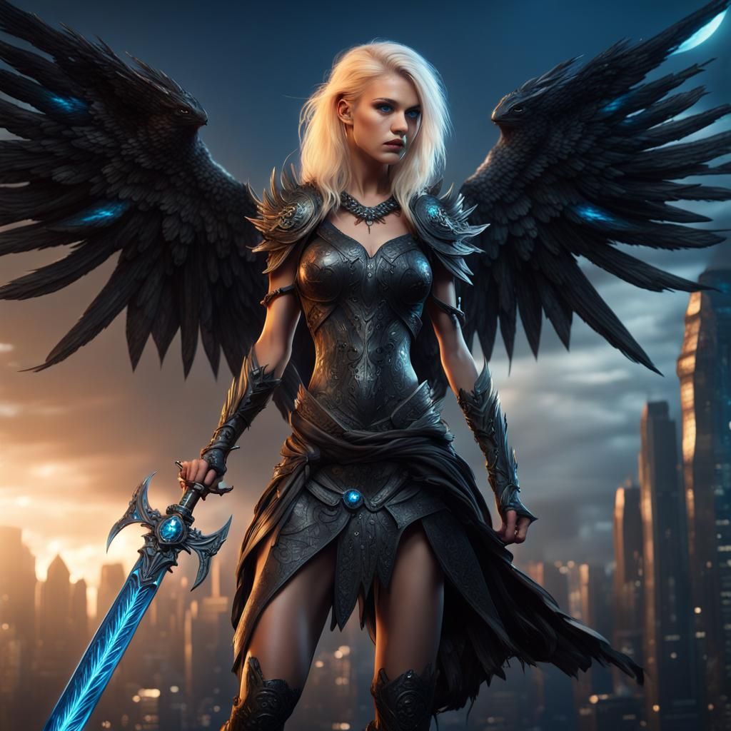 Stunning Valkyrie with Shimmering Wings in Dark City