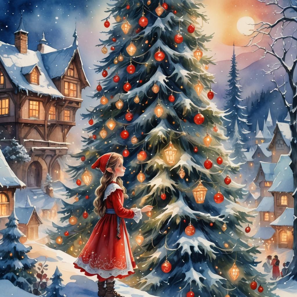 Whimsical Elf Decorates Christmas Tree in Watercolor