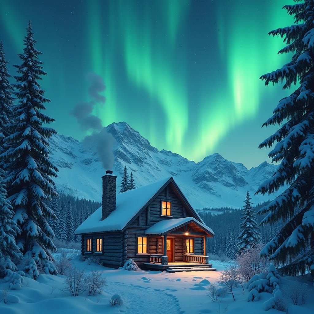 Majestic Snow-Covered Cabin Under Vibrant Northern Lights