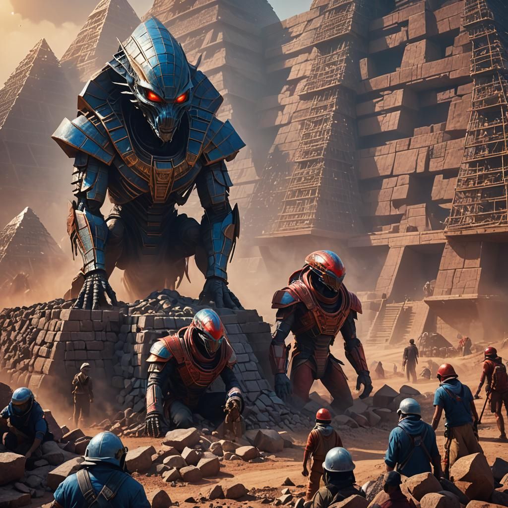 Alien Construction Workers Build Pyramid: Epic Fantasy Art
