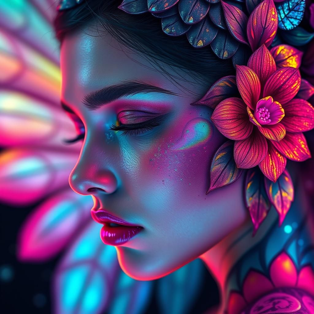 Floral Holographic Woman Portrait in Pablo Amaringo Style