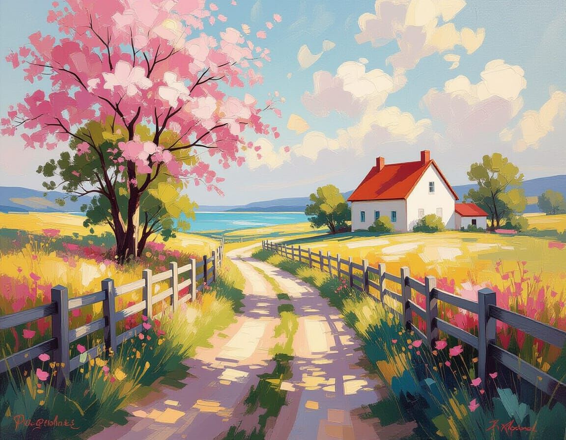 Impressionistic Ranch Painting with Romantic Aesthetic