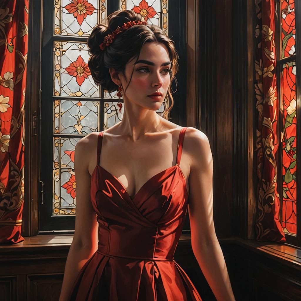Girl in Red Gown: Digital Art Portrait