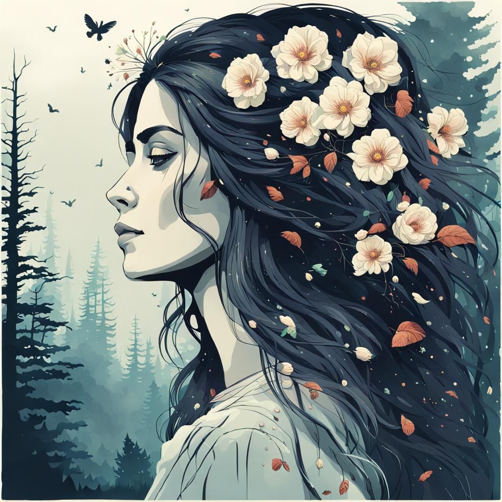 Woman in Profile with Flowers in Haunted Forest