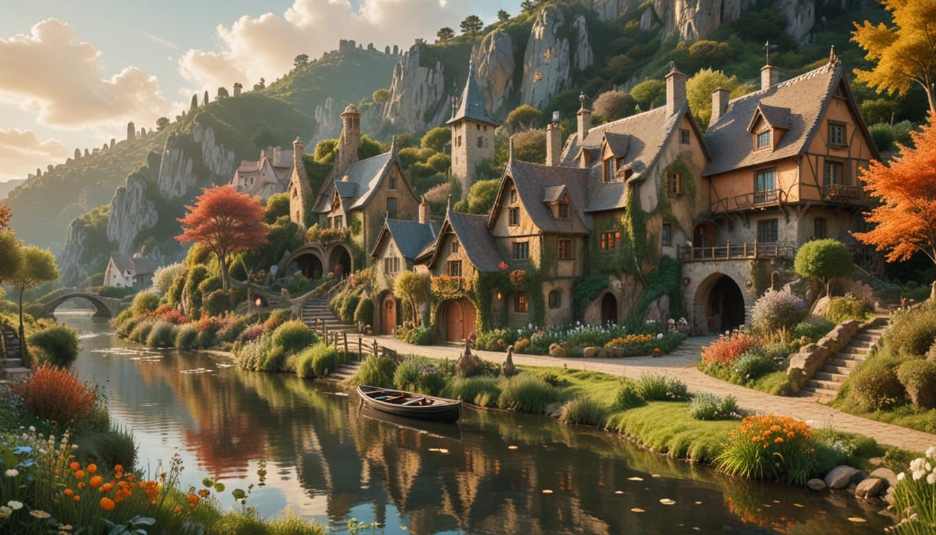 Whimsical Village Along a Serene Riverbank