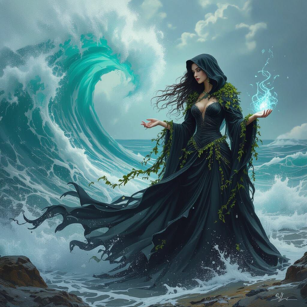 Sea Witch Conjures a Hurricane in Fantasy Art Style