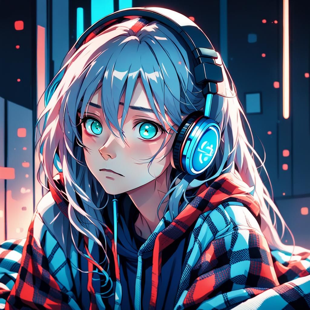 Anime Girl Portrait with Cyan Hair and Headphones