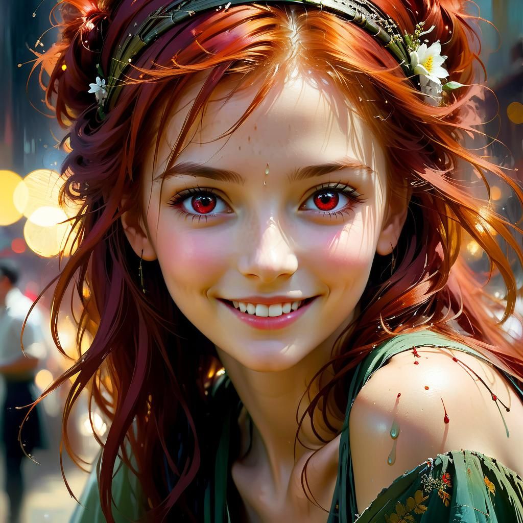 Mischievous Redhead with Flowers, Fantasy Art Portrait