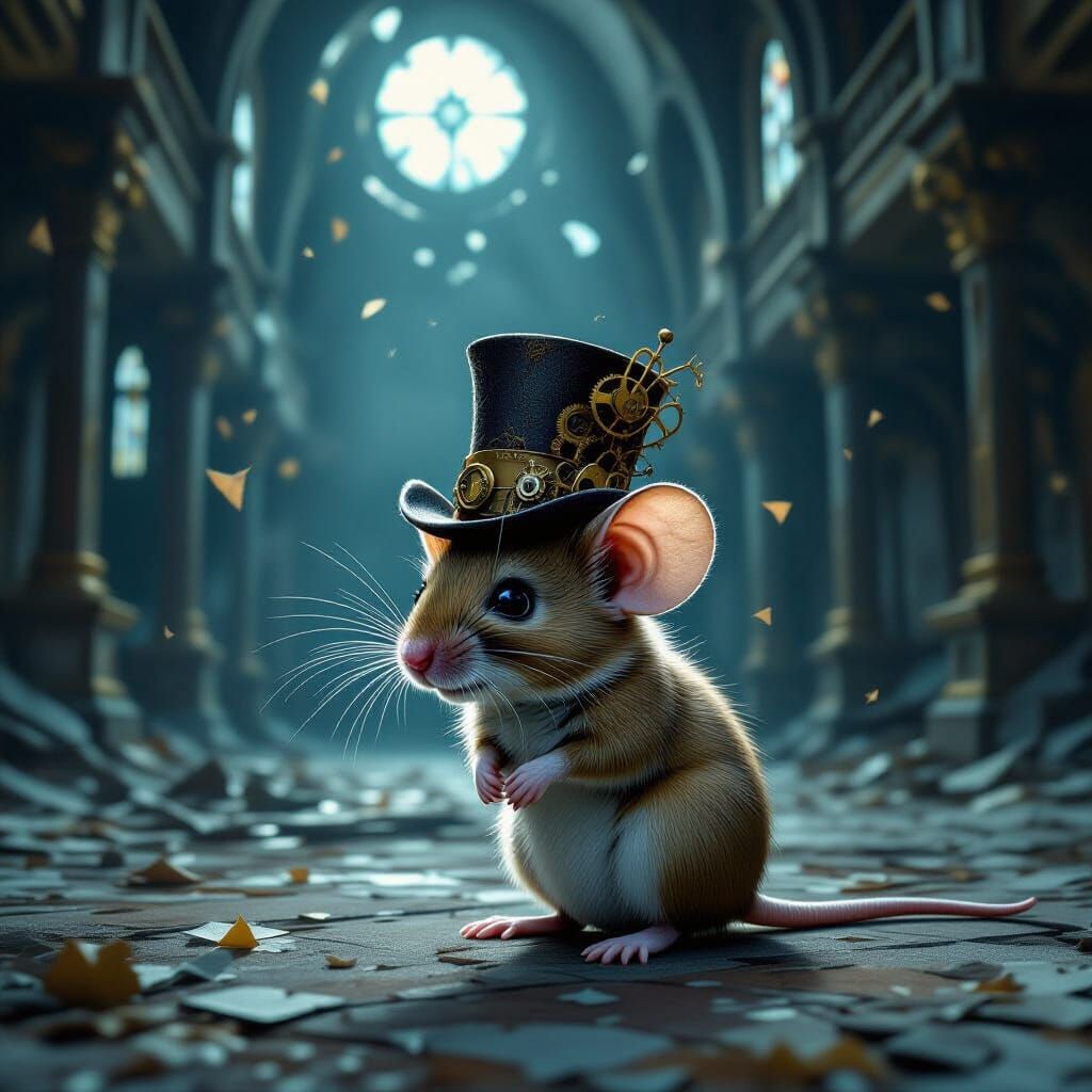 Melancholic Mouse in Derelict Ballroom with Steampunk Hat
