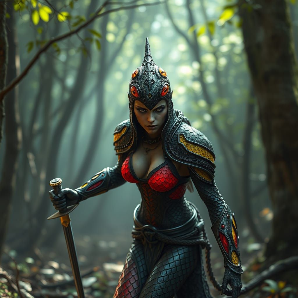 Serpent Woman in Forest, Photorealistic Dark Biomechanical S...