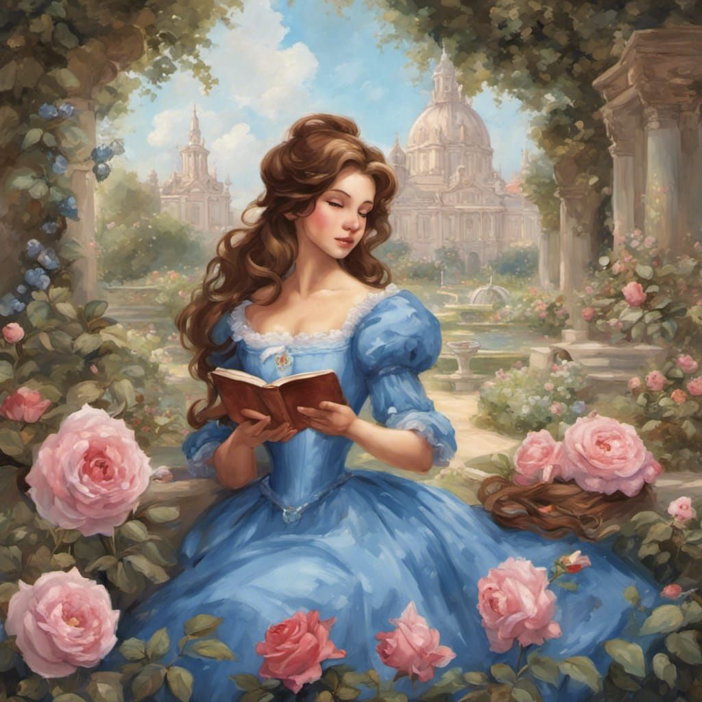 Flower Princess Reading in Rococo Garden