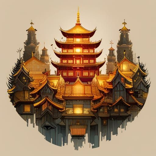 Intricate Chinese Palace with Golden Outlines