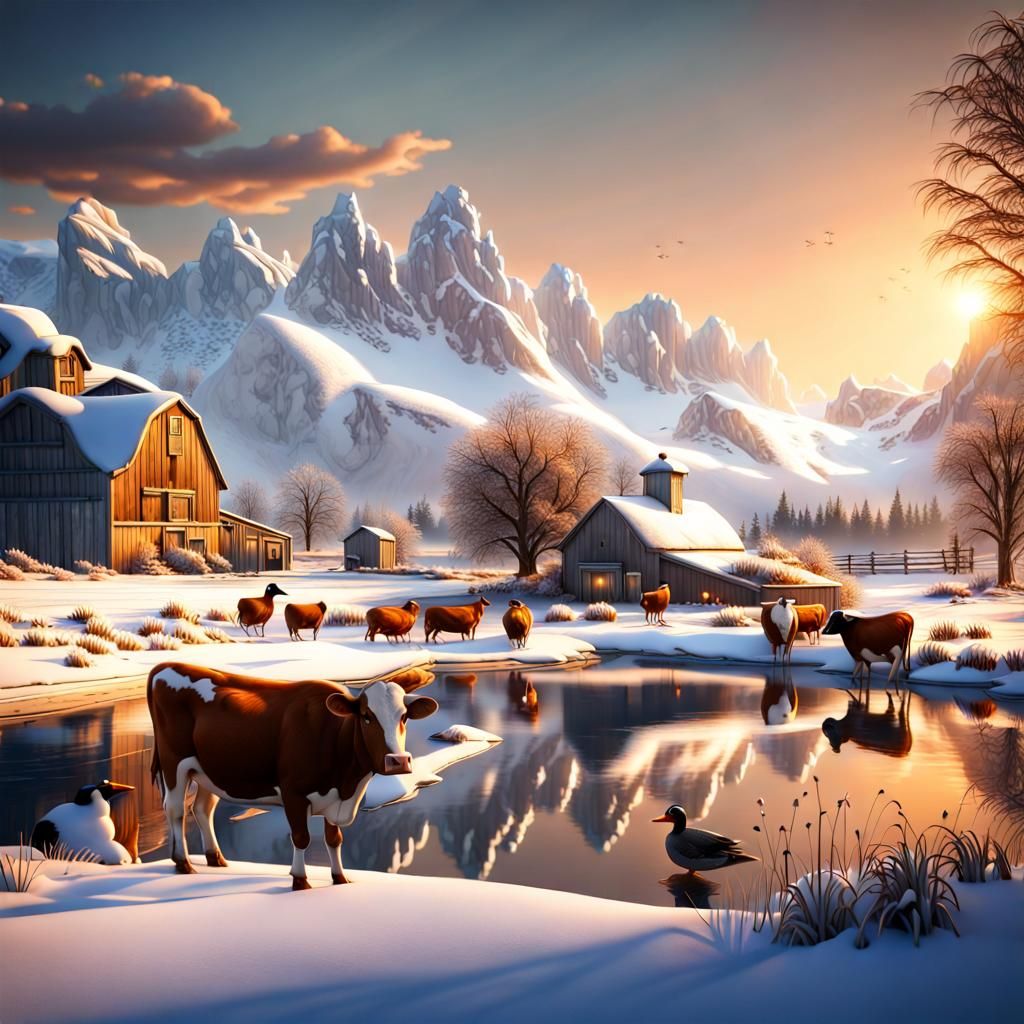 Winter Farm Scene with Cows and Ducks in Matte Painting