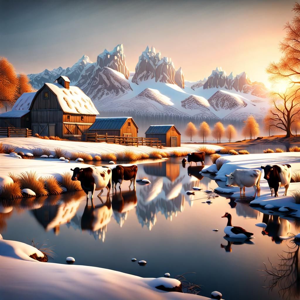 Winter Farm Scene with Cows and Ducks at Sunset