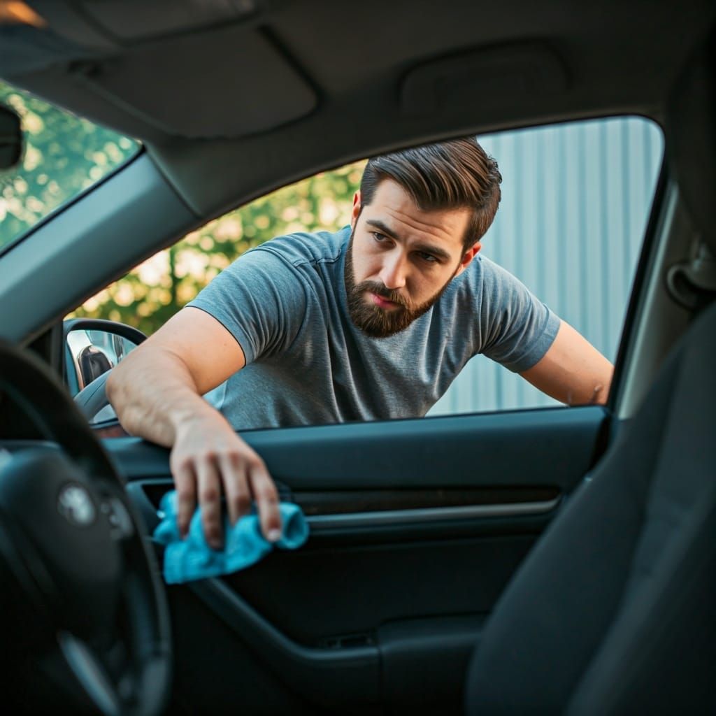 Shirtless Man Cleans Car Interior: Professional Photo