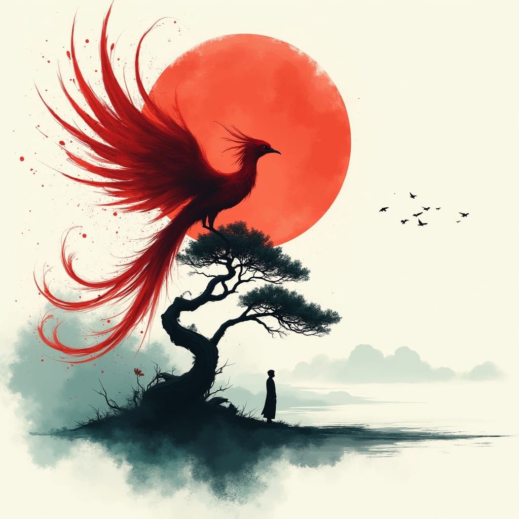 Surreal Crimson Phoenix Ascends from Splashed Ink
