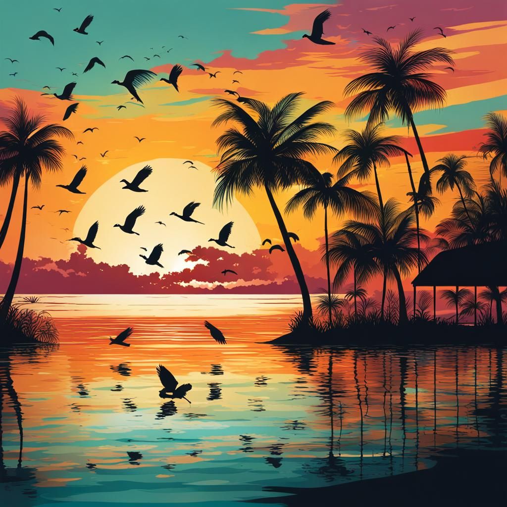 Palms Swaying on Sandy Coast at Sunset: 3D Digital Art