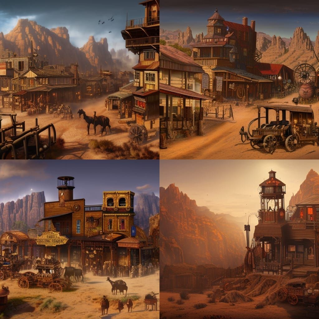Steampunk Western Town in Detailed Matte Painting