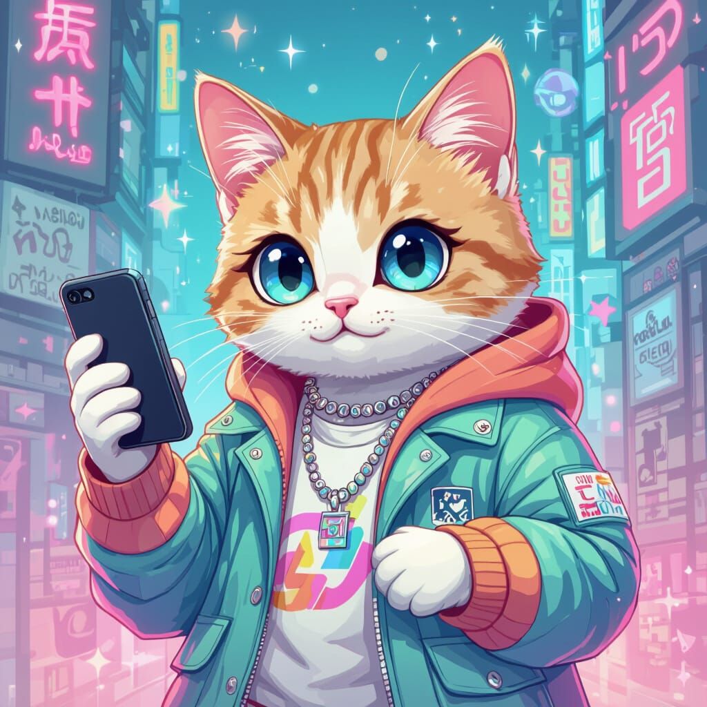 Cat in Streetwear with Neon Lights as Pop Art