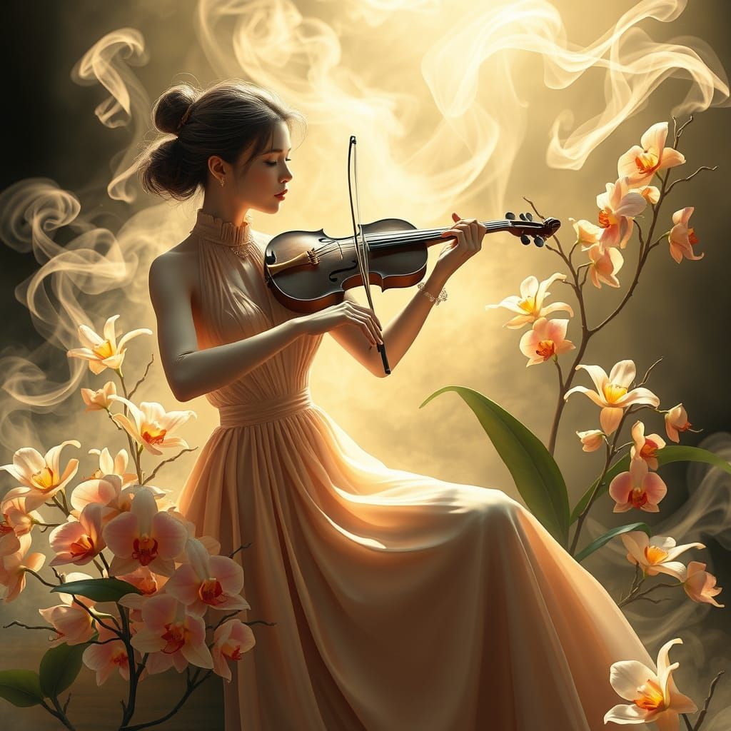 Ethereal Violinist Surrounded by Exotic Orchids in a Dreamli...