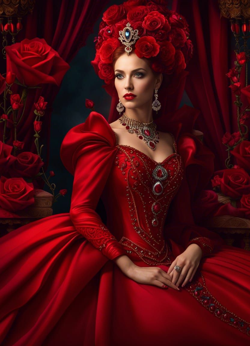 Ethereal Red Queen in Opulent Ruby Attire