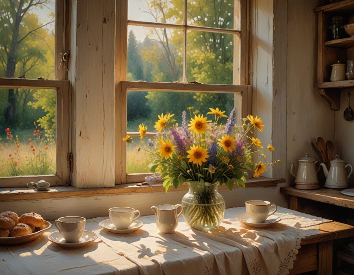 Cozy Cottagecore Kitchen Painting in Warm Golden Light