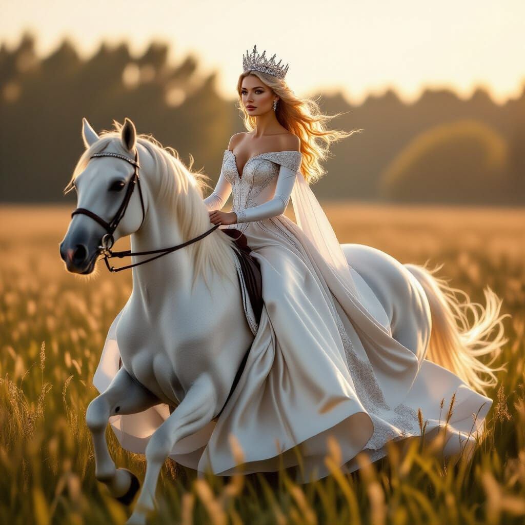 Queen on White Stallion at Dawn in Elegant Fantasy Style