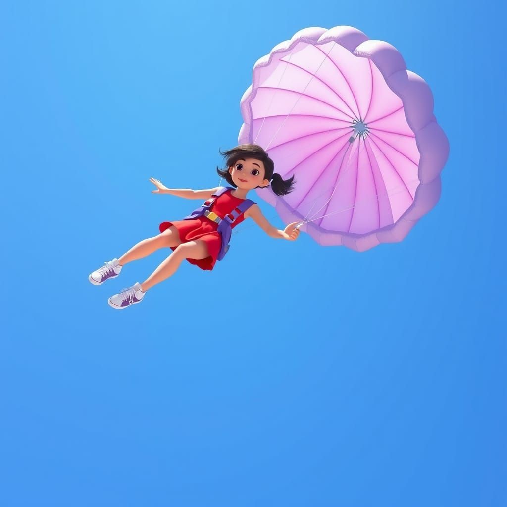 Girl with Parachute Soaring in Bright Blue Sky