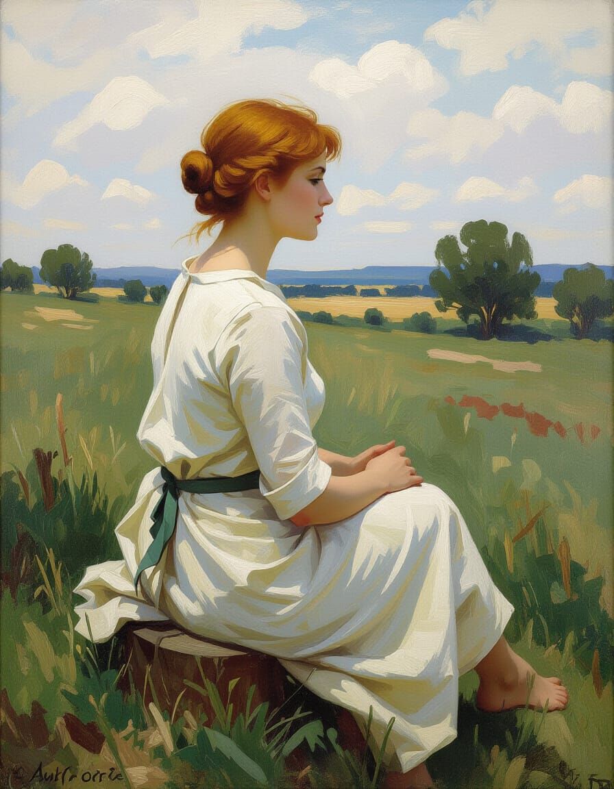 Impressionist Oil Painting Of Woman In White Overlooking Nat...