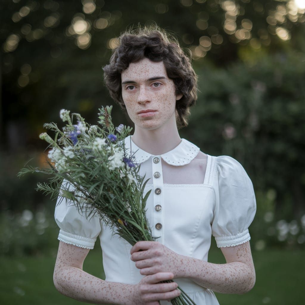 Young Man with Flowers in Garden, DSLR Photography