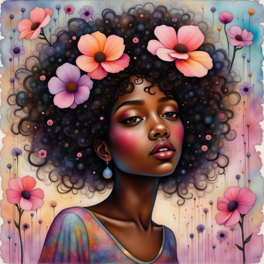 <lora:Liquid Ink Flux:1.0>  A young Black woman with curly hair adorned with large, colorful flowers. Surrounded by a dr...