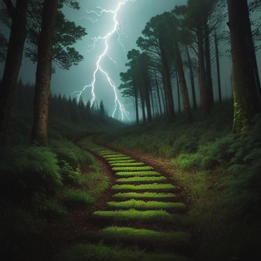 Book on Forest Path in Stormy Weather