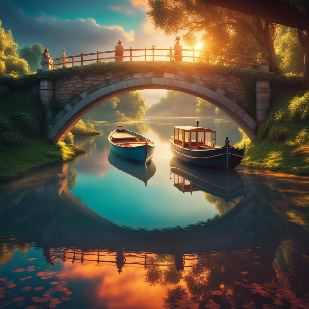 Enchanted Bridge Reflection in Magic Realism Style