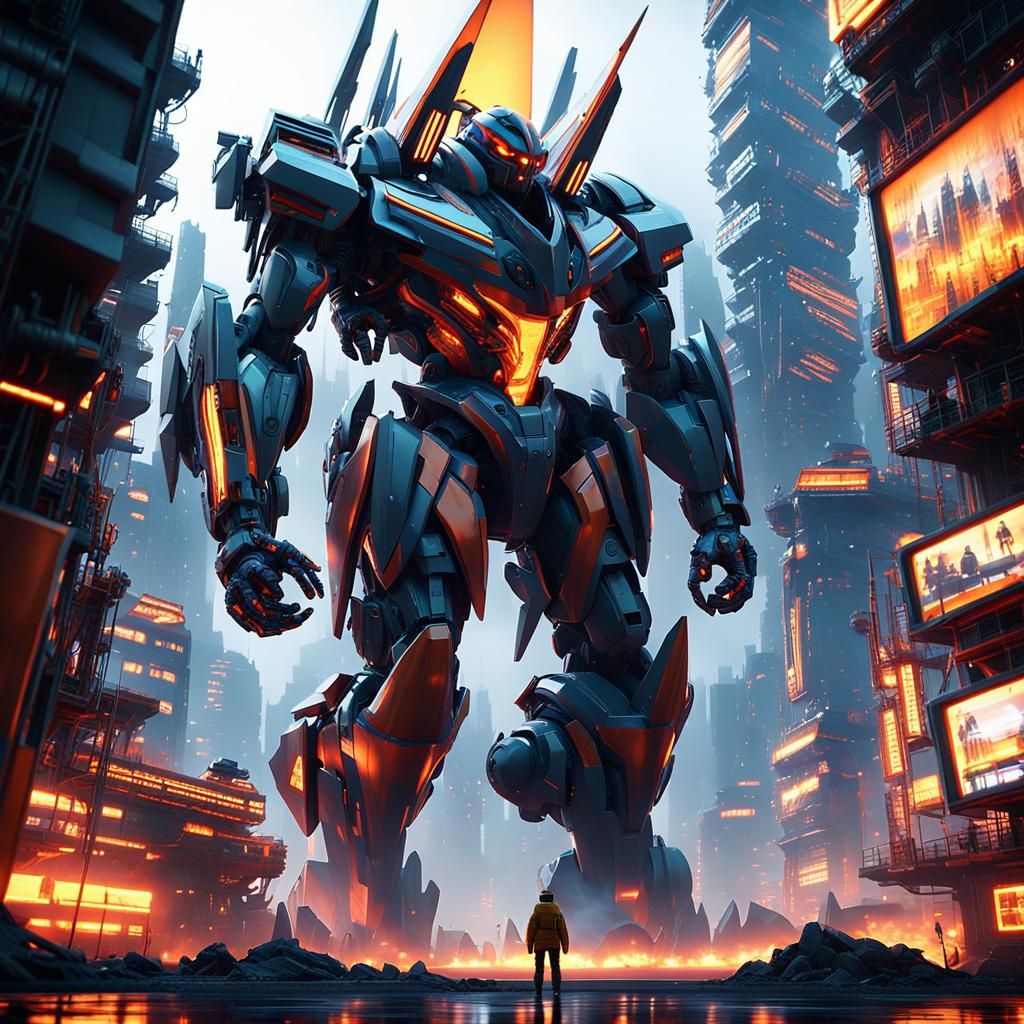 Futuristic Mech Stands Tall in Dystopian Cityscape