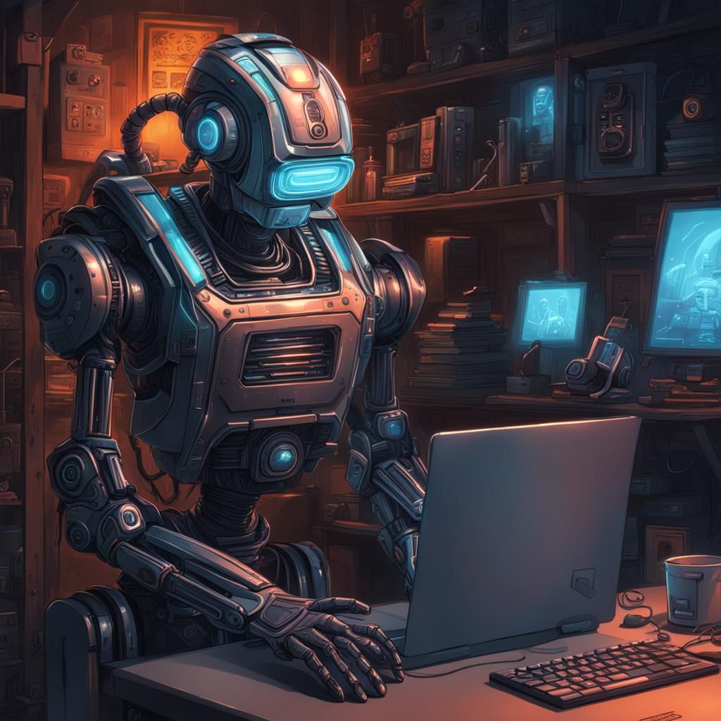 Robot Working at Computer in Neon Future