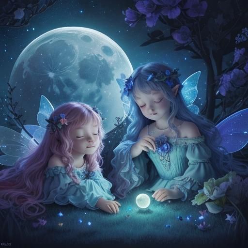 Fairies Sleeping on Bioluminescent Moon in Galaxy
