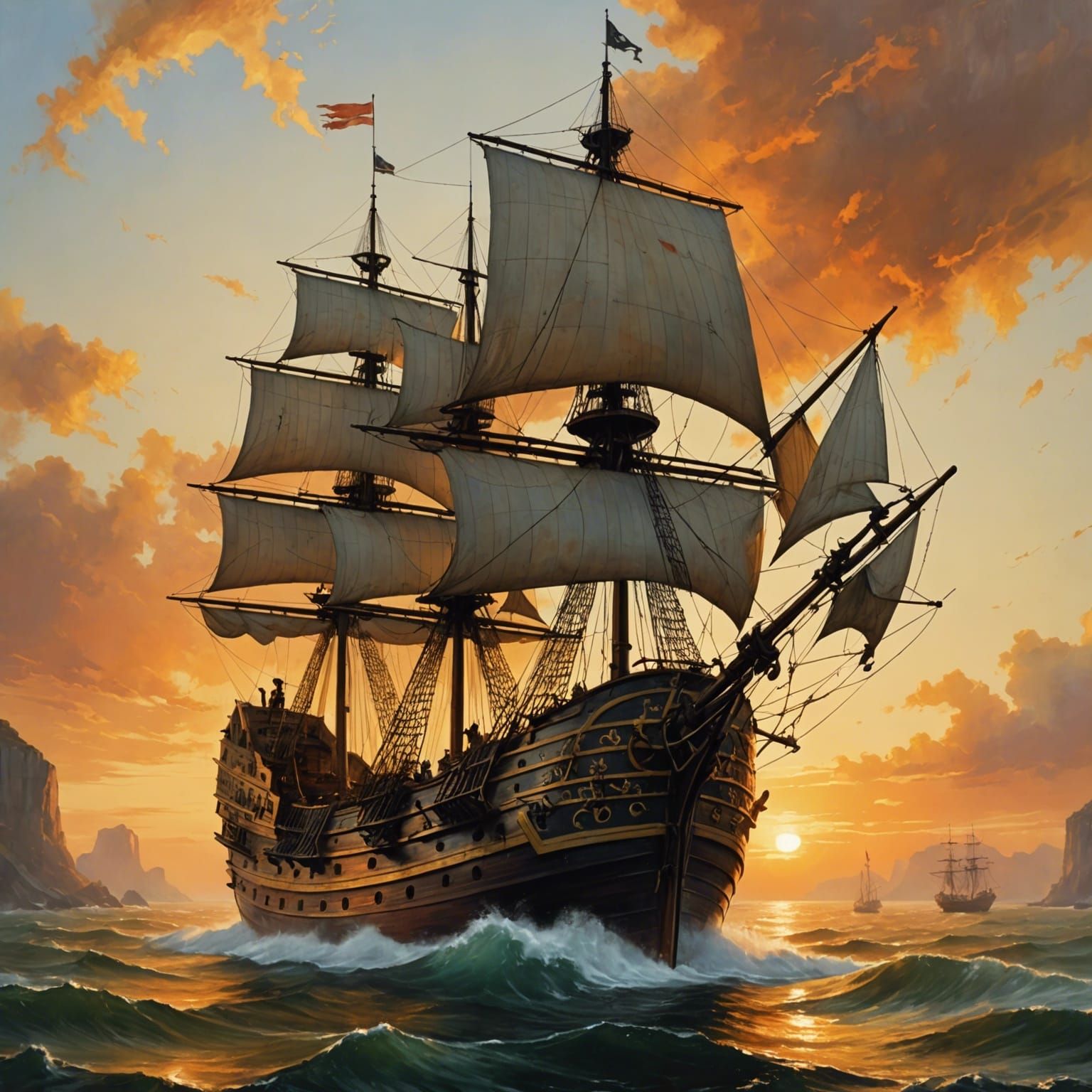 Galleon at Sunrise: Oil Painting Masterpiece