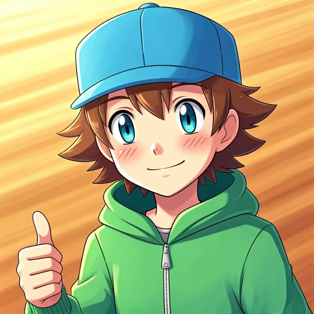 Triumphant Young Pokemon Trainer Gives Thumbs Up