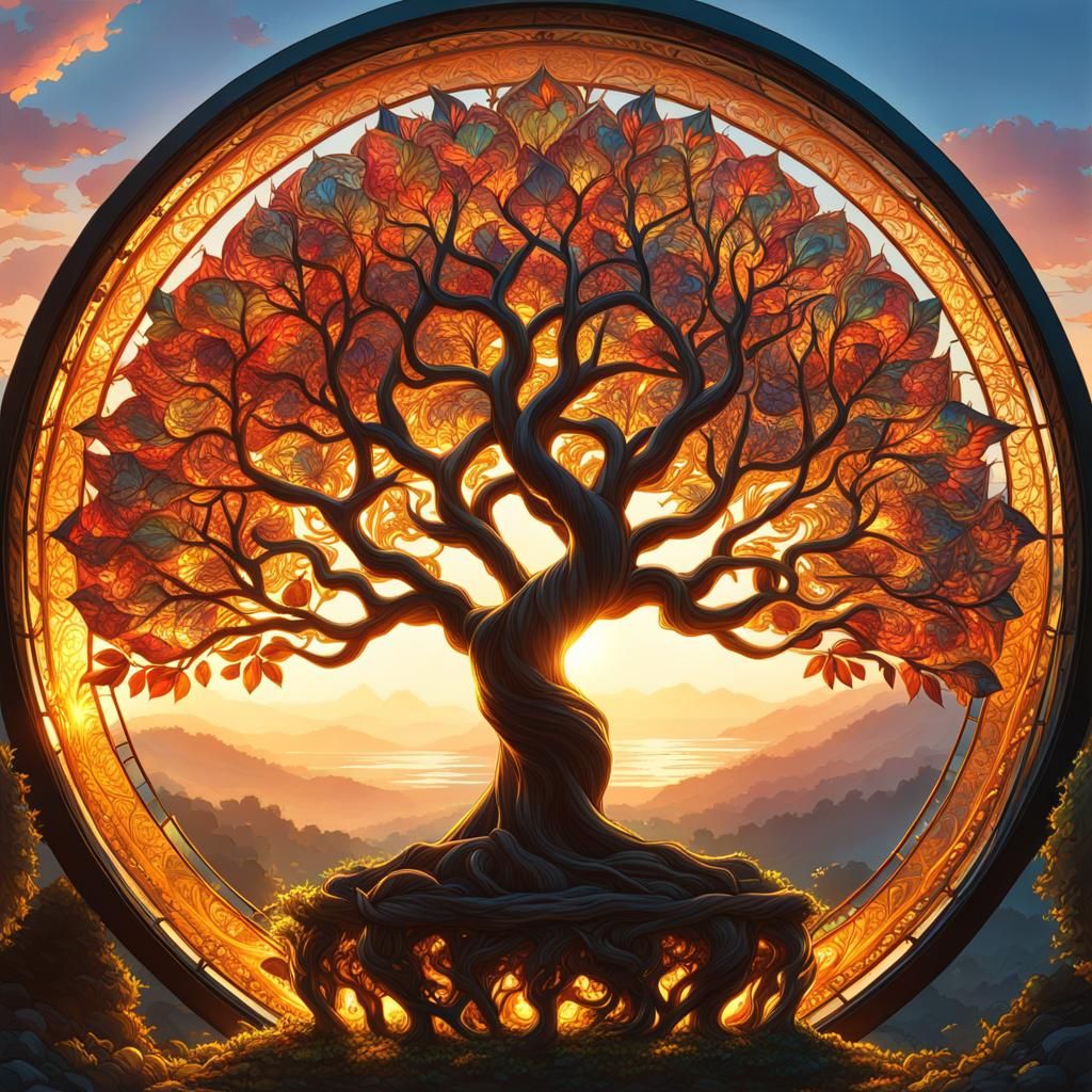Luminous Tree of Life in Glass Mandala