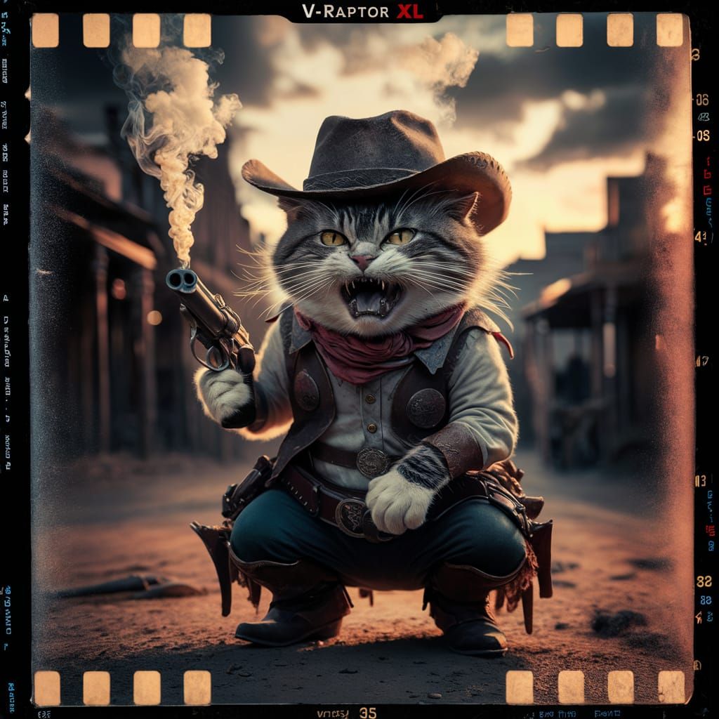 Furious Cowboy Cat Film Still in Old West Town