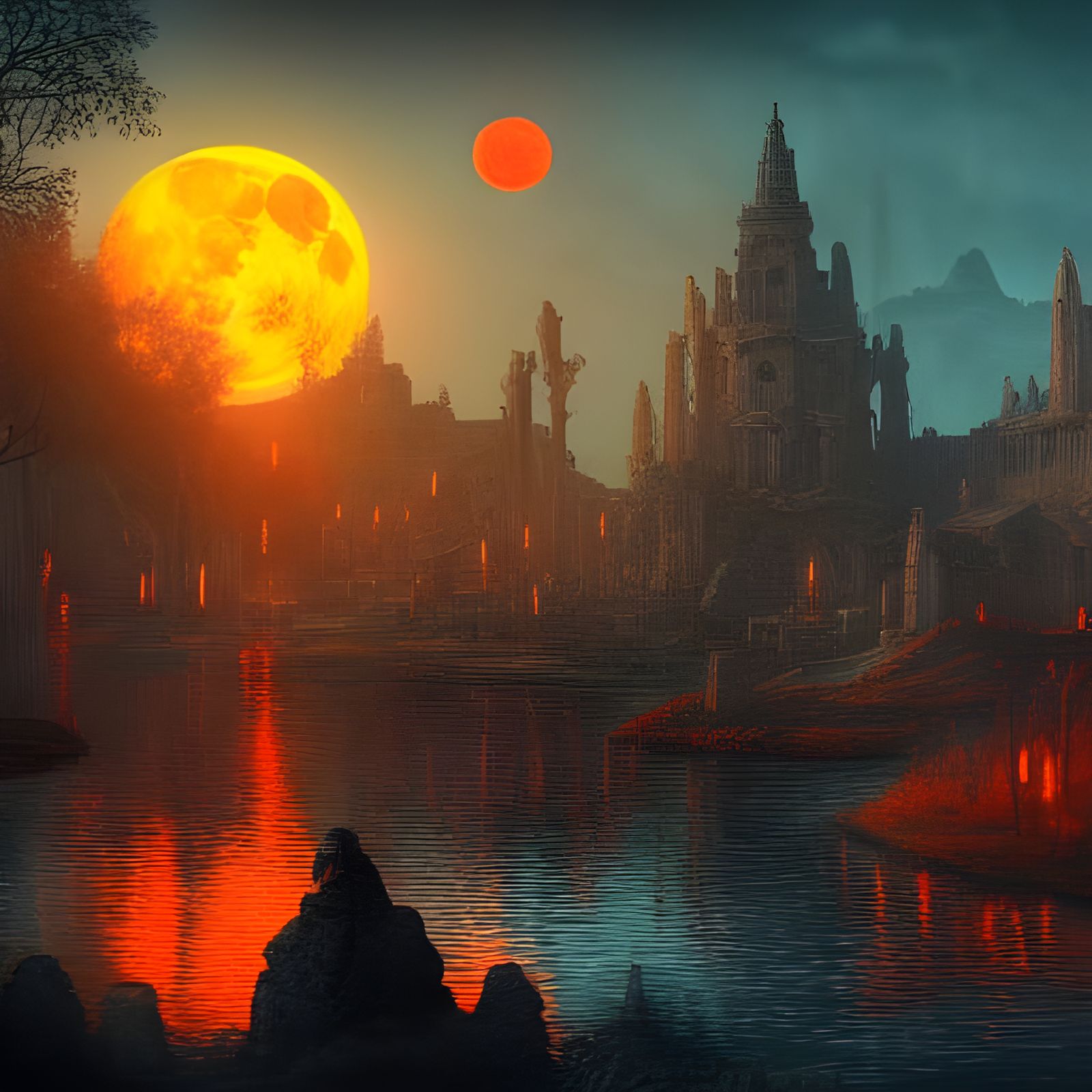 Ruined City and Glowing Tree at Sunset