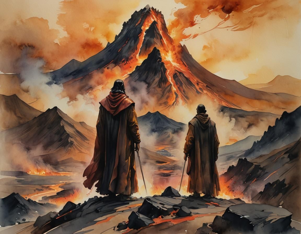 Volcanic Fire God in Watercolor Landscape