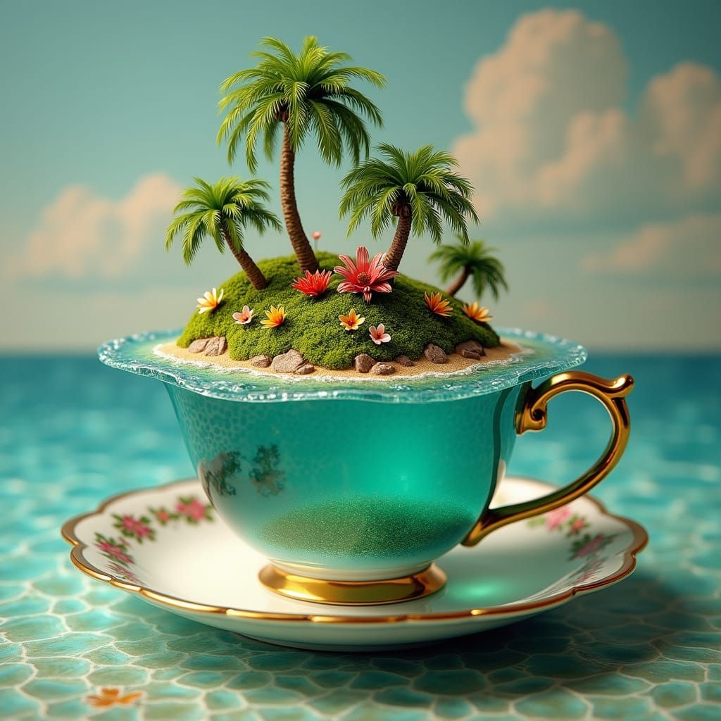 Surreal Teacup Ocean Scene with Floating Islands
