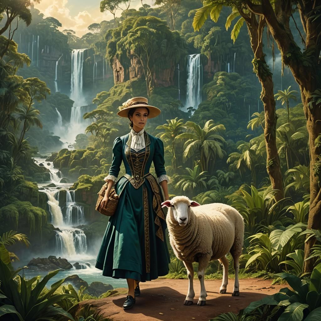 Brazilian Woman with Sheep: Colonial Matte Painting