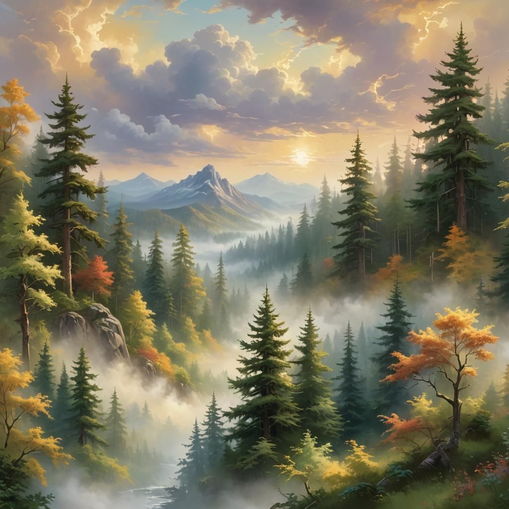 Heavenly Forest Landscape in Dreamy Oil Painting Style