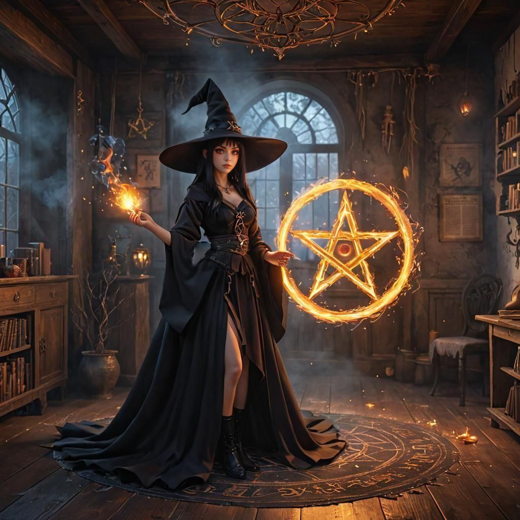 Cyberpunk Anime Witch Casting Spell