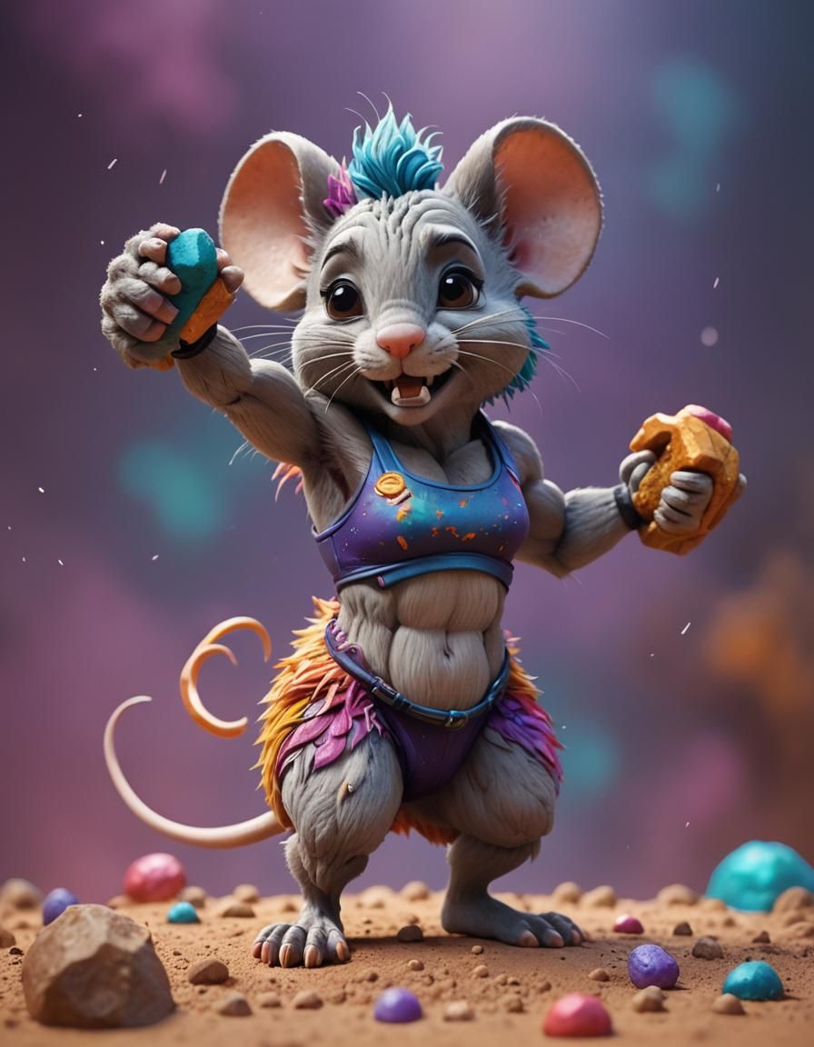 Pixar-Style Clay Mouse Bodybuilder: Detailed Matte Painting