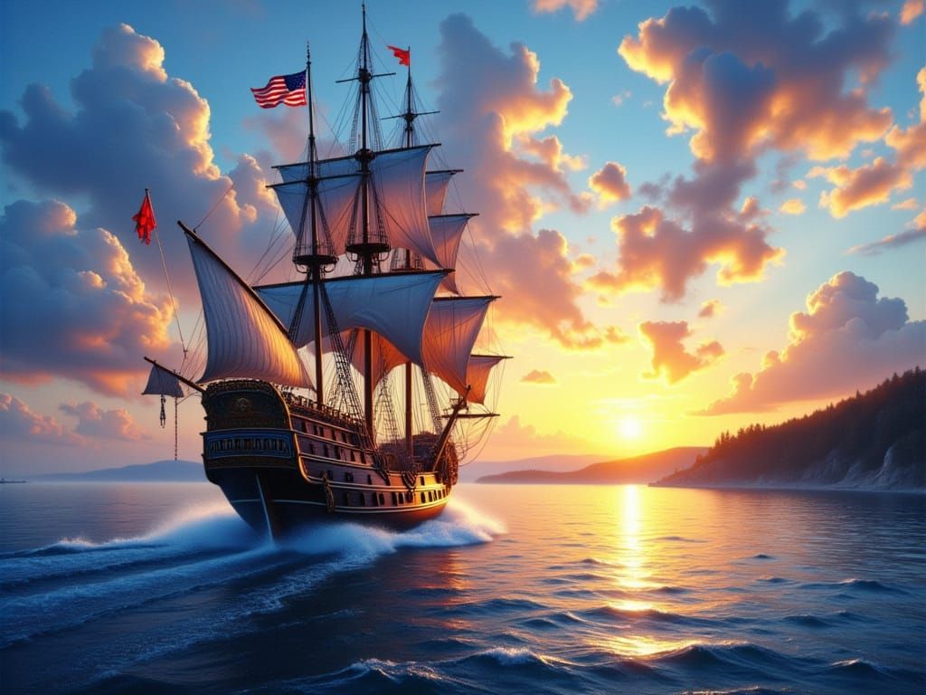 Pirate Ship at Sunset in Airbrushed Style