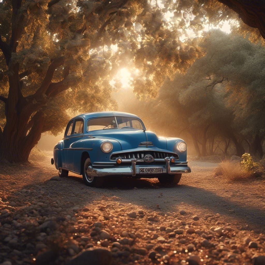 Vintage Car on Gravel Road in Graffiti Art Style